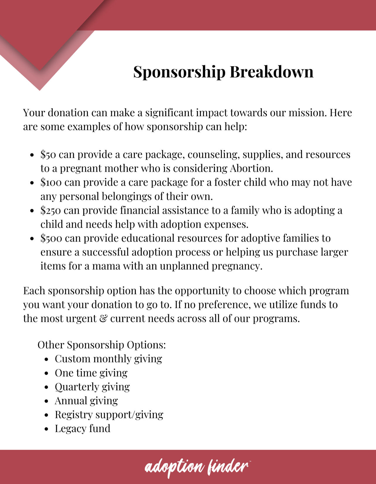 Sponsorship break down adoption finder